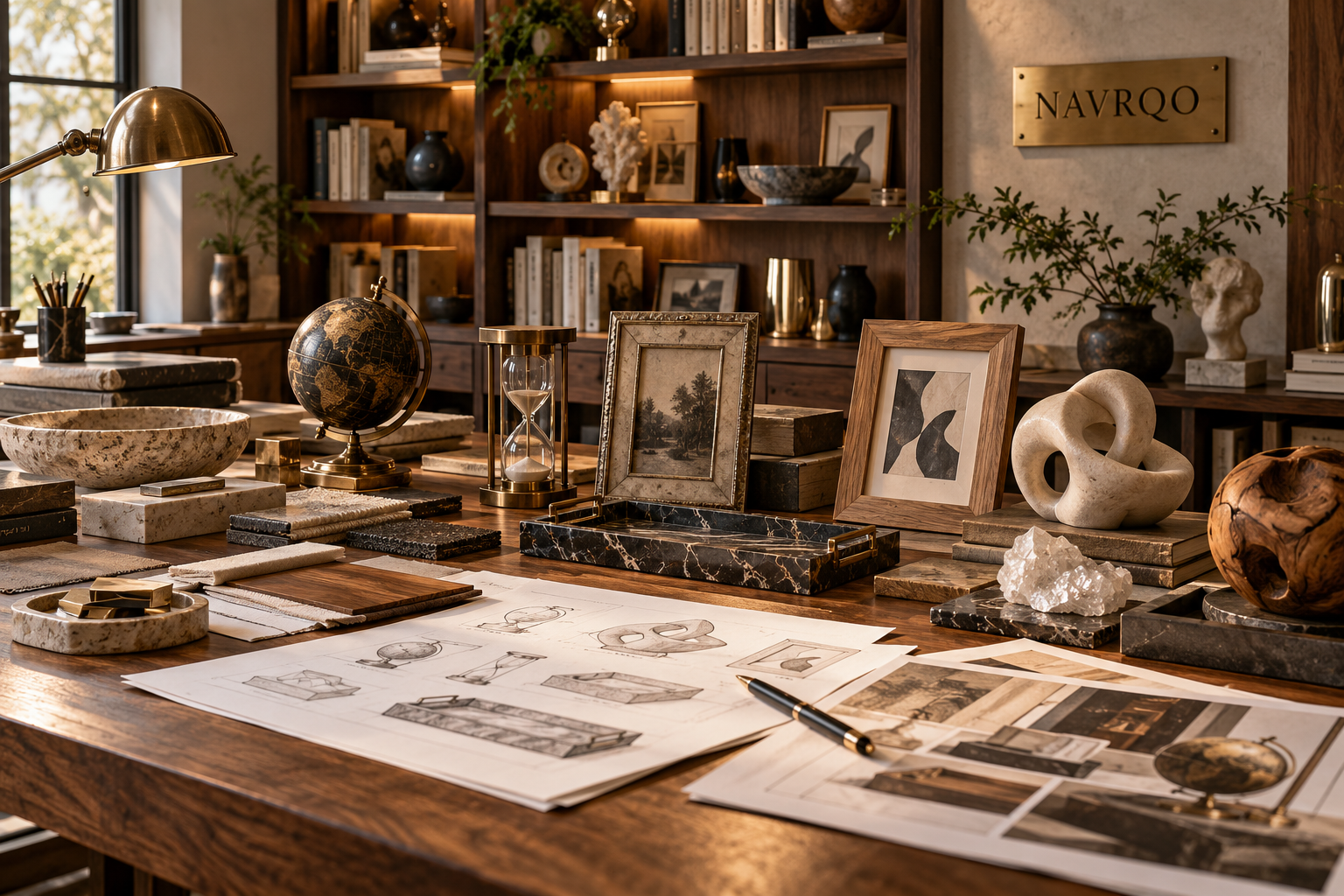 Navrqo styling studio with frames, sculpture, decorative trays, globe, hourglass, crystal, wood samples and design sketches